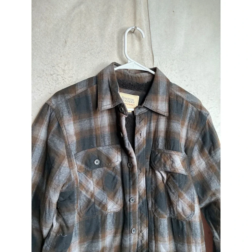 Boston Traders Mens Plaid Flannel Shirt Jacket Sherpa Lined Brown Gray Size M